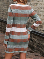 Sage, rust and white color block long sleeve knit sweater mini dress with V-neck and patch pockets - view 3