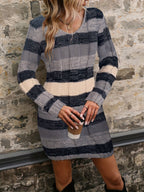 Sage, rust and white color block long sleeve knit sweater mini dress with V-neck and patch pockets - view 9