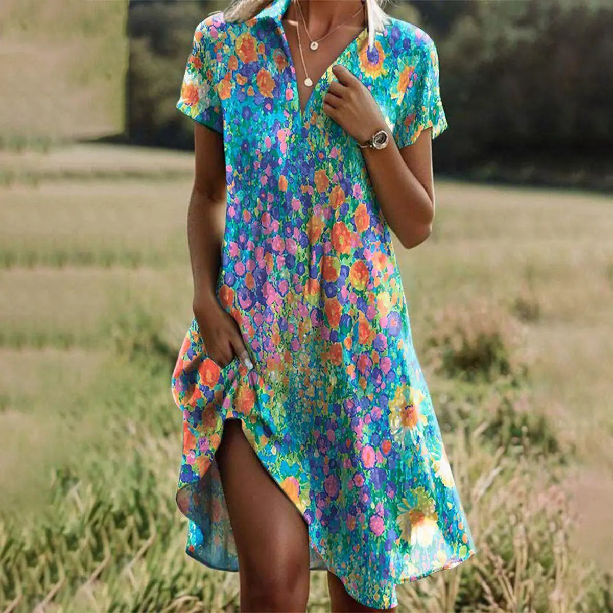 Oaklyn Boho Floral Midi Dress – V-Neck Short Sleeve High-Low Hem Summer Style oaklynwear