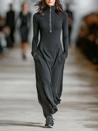 Half-zip long sleeve maxi dress with fitted bodice, side pockets and paneled skirt