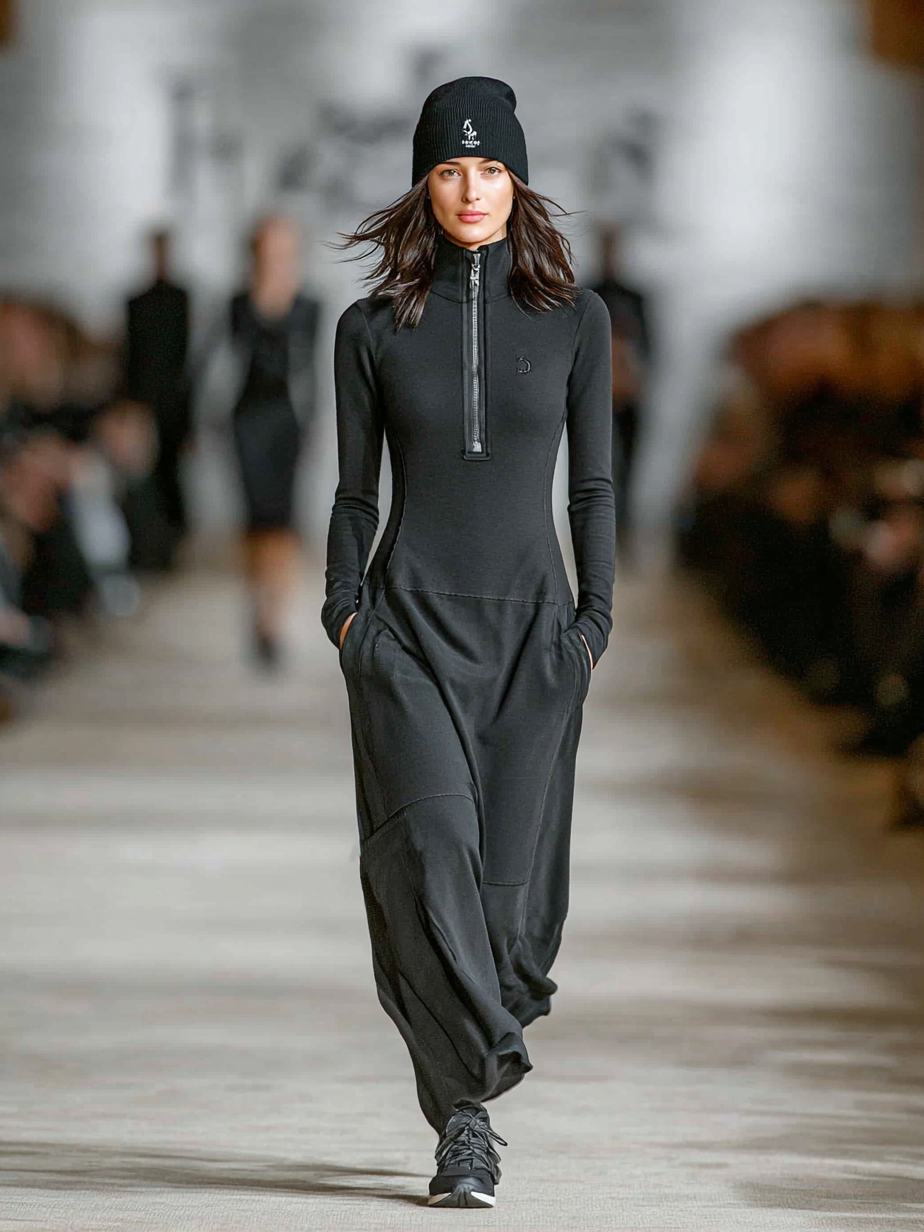 Half-zip long sleeve maxi dress with fitted bodice, side pockets and paneled skirt - view 8