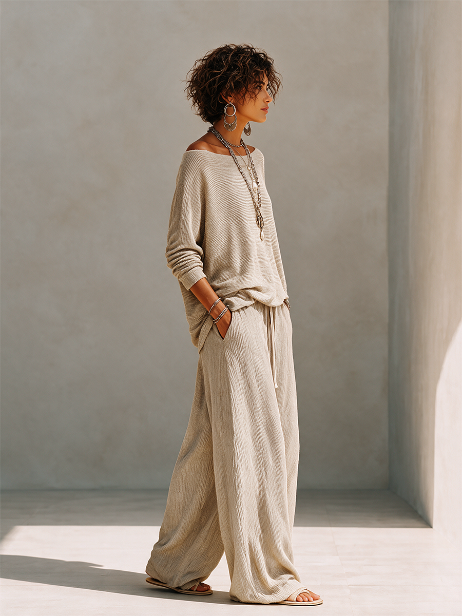 Model in a slouchy khaki knit sweater set with wide leg drawstring pants - view 5