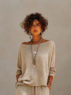 Model in a slouchy khaki knit sweater set with wide leg drawstring pants - view 6