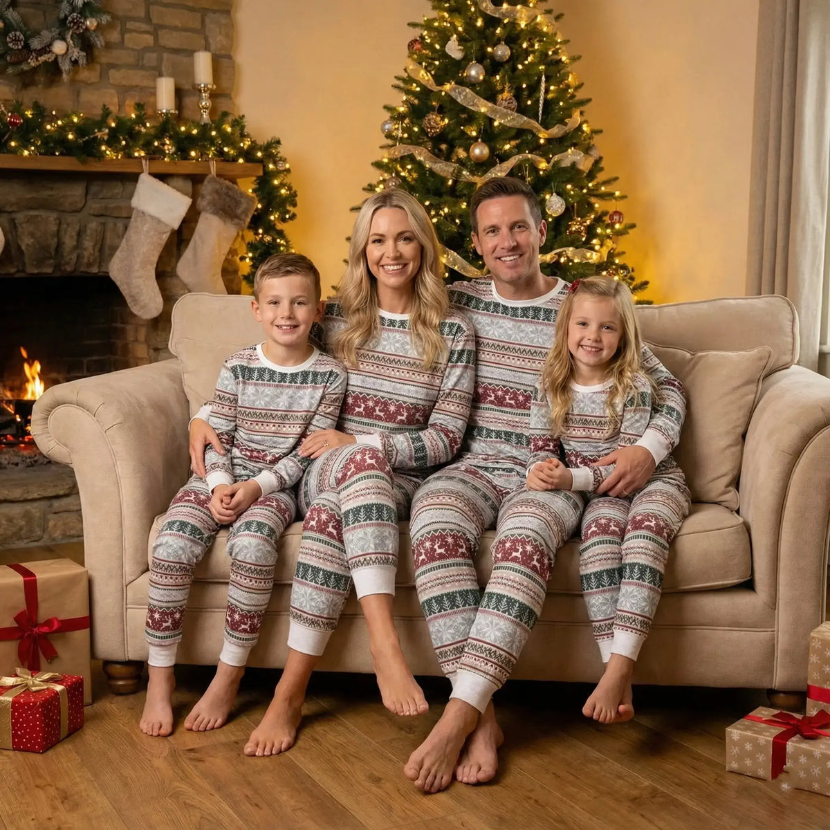 Matching family Christmas pajamas in red, green and gray Nordic reindeer and snowflake print with white cuffs