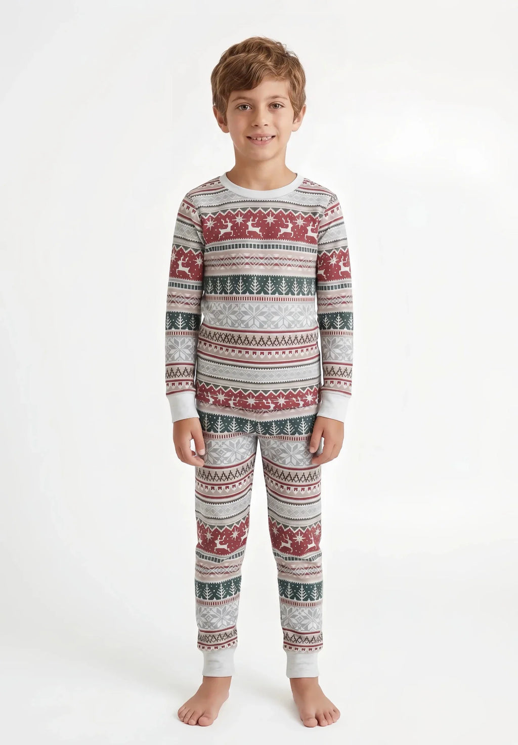 Matching family Christmas pajamas in red, green and gray Nordic reindeer and snowflake print with white cuffs - view 10