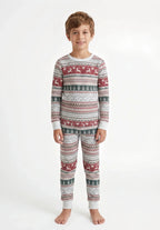 Matching family Christmas pajamas in red, green and gray Nordic reindeer and snowflake print with white cuffs - view 10