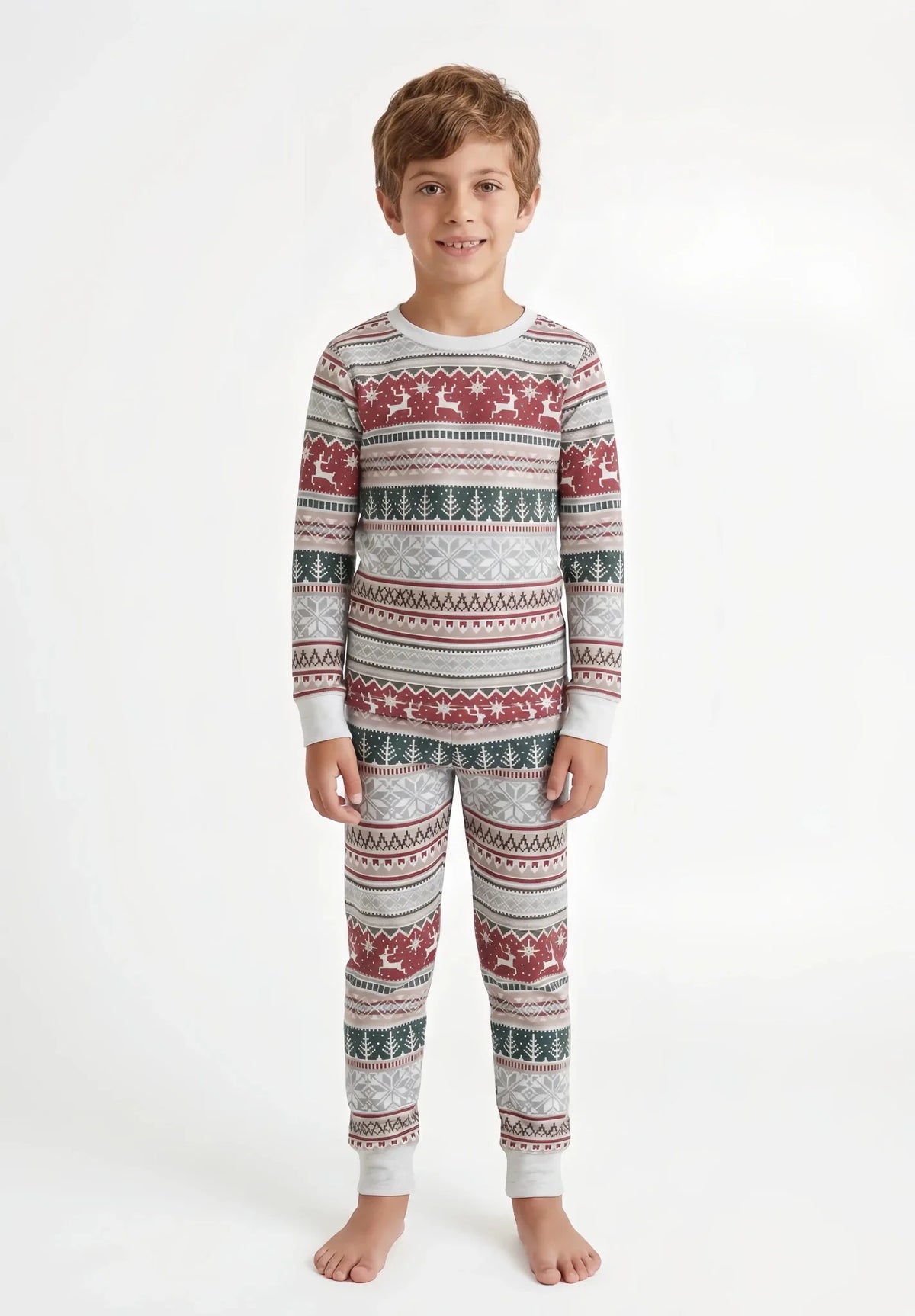 Matching family Christmas pajamas in red, green and gray Nordic reindeer and snowflake print with white cuffs - view 10
