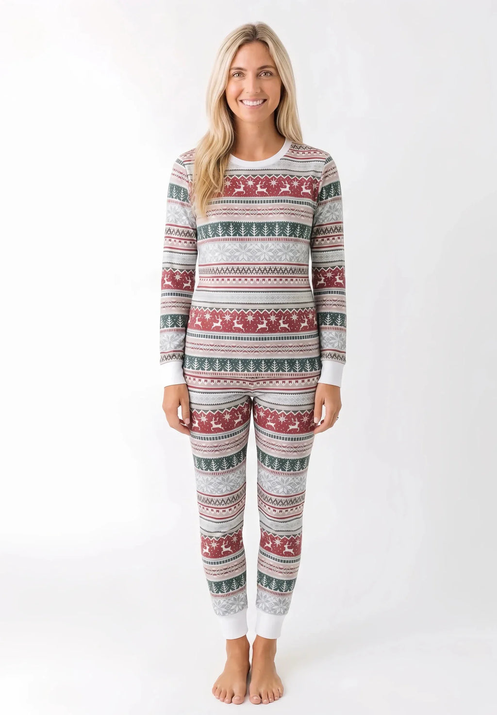 Matching family Christmas pajamas in red, green and gray Nordic reindeer and snowflake print with white cuffs - view 11