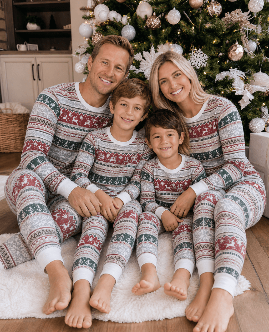 Matching family Christmas pajamas in red, green and gray Nordic reindeer and snowflake print with white cuffs - view 2