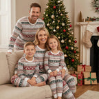 Matching family Christmas pajamas in red, green and gray Nordic reindeer and snowflake print with white cuffs - view 3