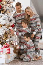 Matching family Christmas pajamas in red, green and gray Nordic reindeer and snowflake print with white cuffs - view 4