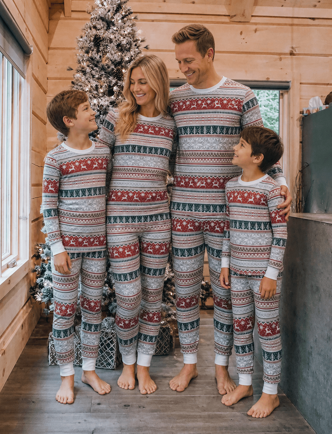 Matching family Christmas pajamas in red, green and gray Nordic reindeer and snowflake print with white cuffs - view 5