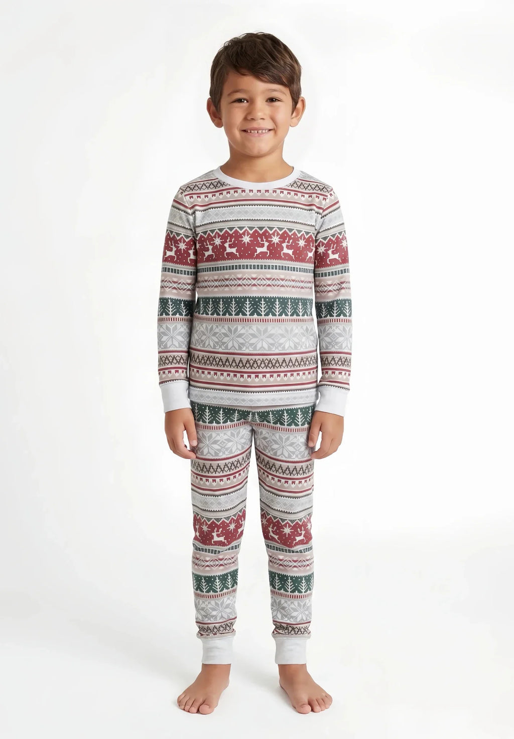 Matching family Christmas pajamas in red, green and gray Nordic reindeer and snowflake print with white cuffs - view 8