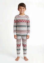 Matching family Christmas pajamas in red, green and gray Nordic reindeer and snowflake print with white cuffs - view 8