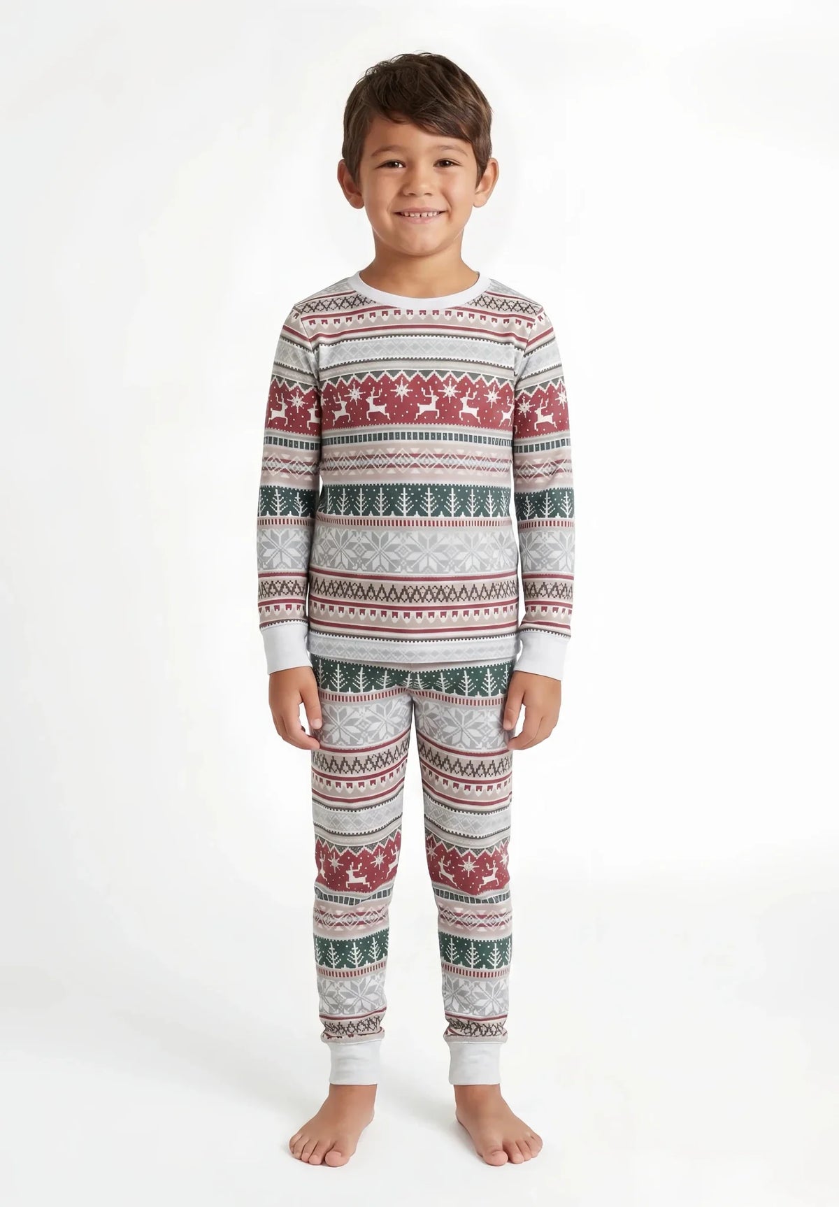 Matching family Christmas pajamas in red, green and gray Nordic reindeer and snowflake print with white cuffs - view 8