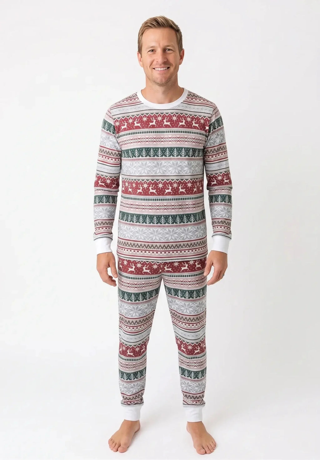 Matching family Christmas pajamas in red, green and gray Nordic reindeer and snowflake print with white cuffs - view 9