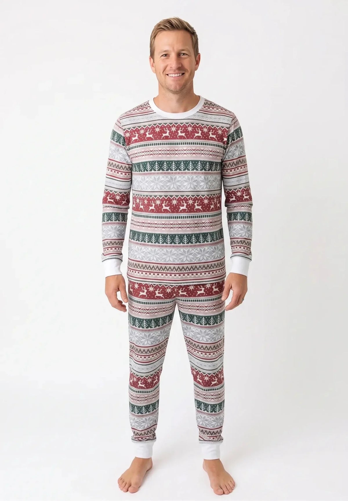 Matching family Christmas pajamas in red, green and gray Nordic reindeer and snowflake print with white cuffs - view 9