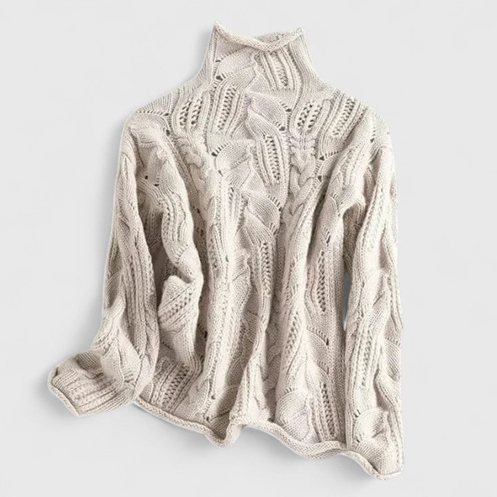Women's openwork cable knit turtleneck sweater with rolled edges