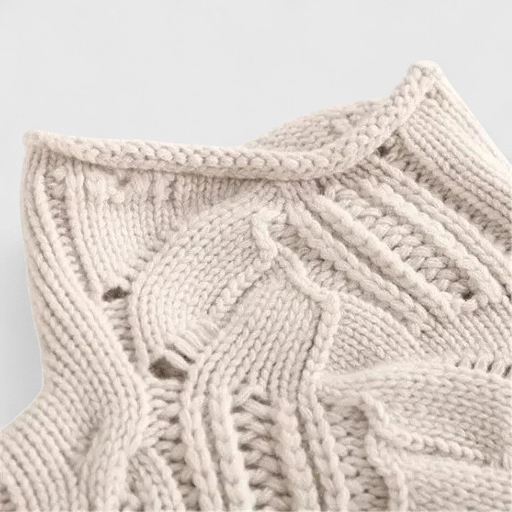 Women's openwork cable knit turtleneck sweater with rolled edges - view 3