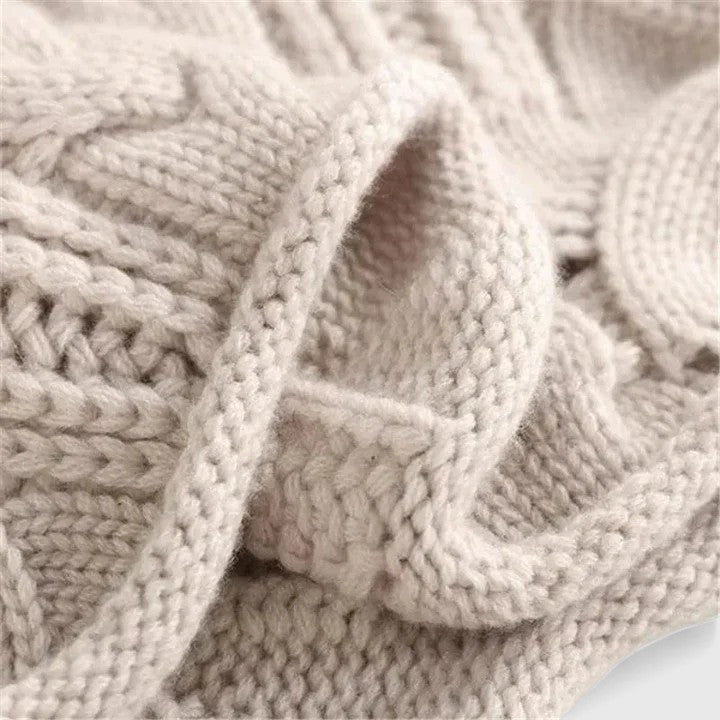 Women's openwork cable knit turtleneck sweater with rolled edges - view 4