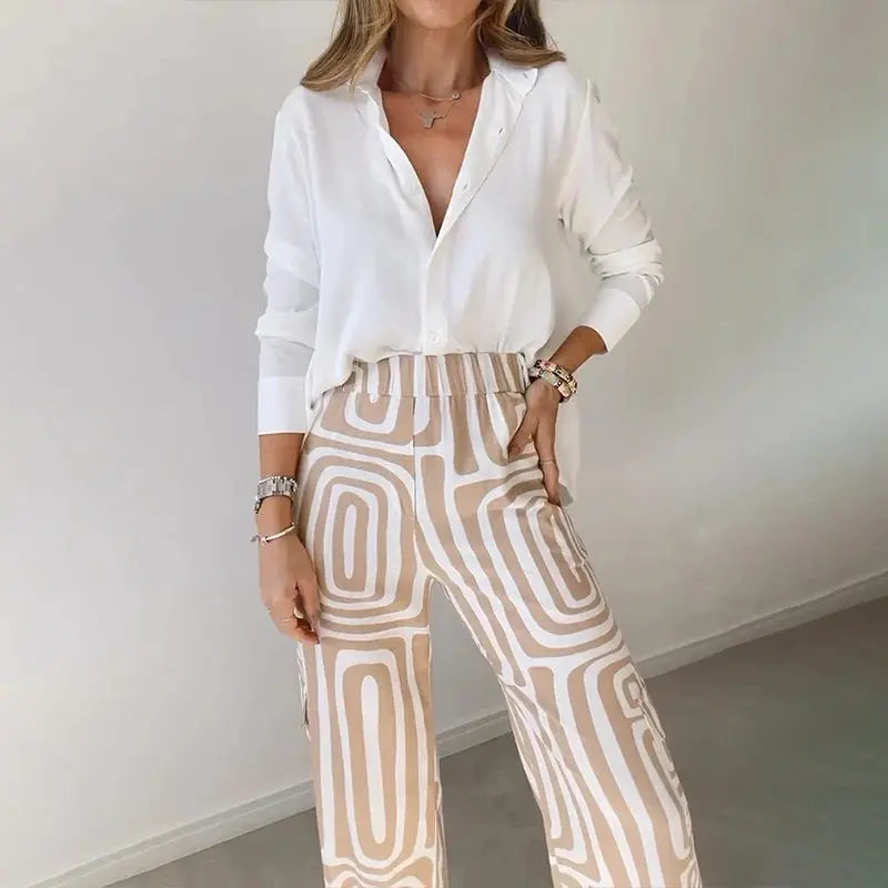 Women’s Two Piece Set – Shirt and Patterned Pants Matching Outfit Elegant Casual Set oaklynwear