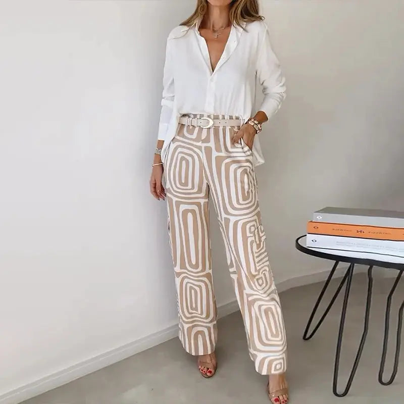 Women’s Two Piece Set – Shirt and Patterned Pants Matching Outfit Elegant Casual Set oaklynwear
