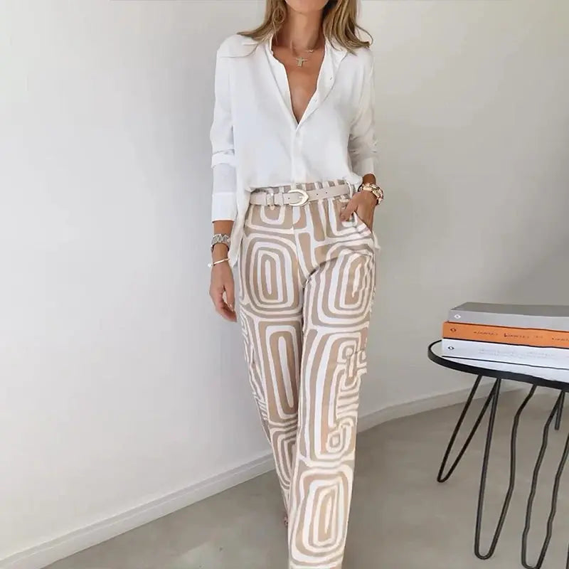 Women’s Two Piece Set – Shirt and Patterned Pants Matching Outfit Elegant Casual Set oaklynwear