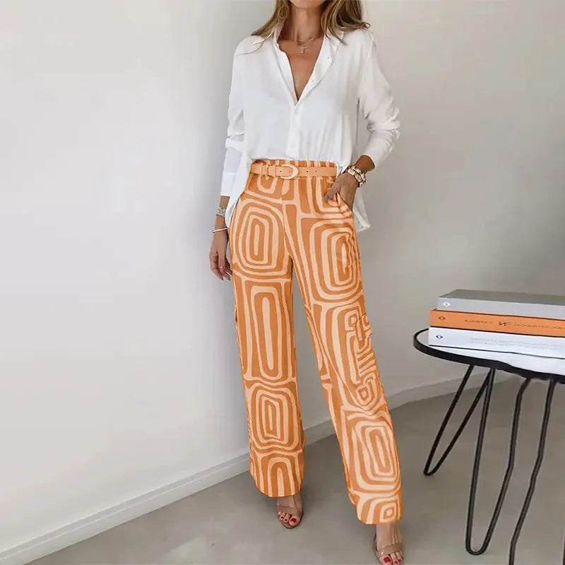 Women’s Two Piece Set – Shirt and Patterned Pants Matching Outfit Elegant Casual Set oaklynwear