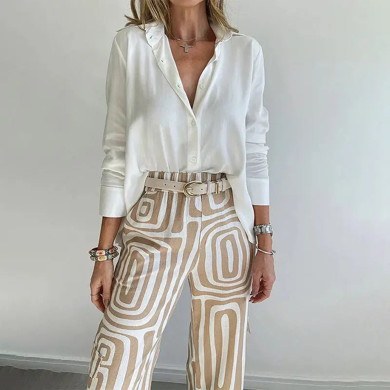 Women’s Two Piece Set – Shirt and Patterned Pants Matching Outfit Elegant Casual Set oaklynwear