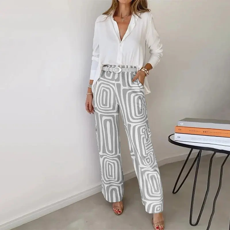 Women’s Two Piece Set – Shirt and Patterned Pants Matching Outfit Elegant Casual Set oaklynwear
