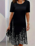 Short-sleeve midi evening dress with silver sparkle print skirt, holiday party dress - view 2