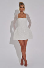 Stella long sleeve sequin homecoming mini dress with square neckline and bubble skirt - view 2