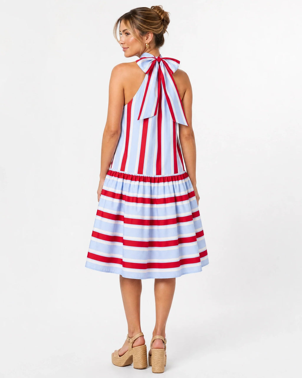 Women's Red & Light Blue Stripe Cotton Halter Tiered Maxi Dress – Made for Fireworks Patriotic Summer Dress oaklynwear