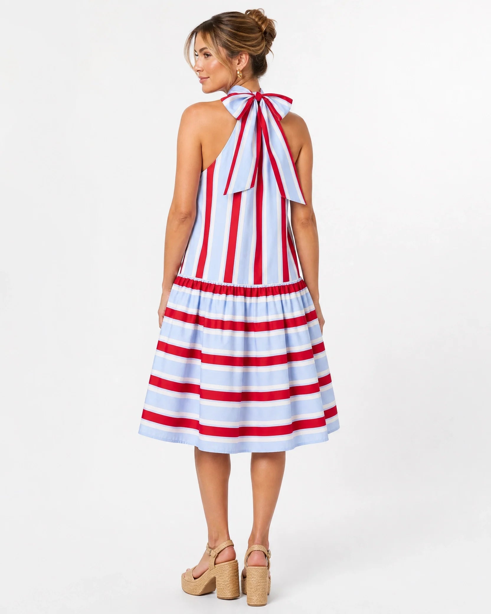 Women's Red & Light Blue Stripe Cotton Halter Tiered Maxi Dress – Made for Fireworks Patriotic Summer Dress oaklynwear