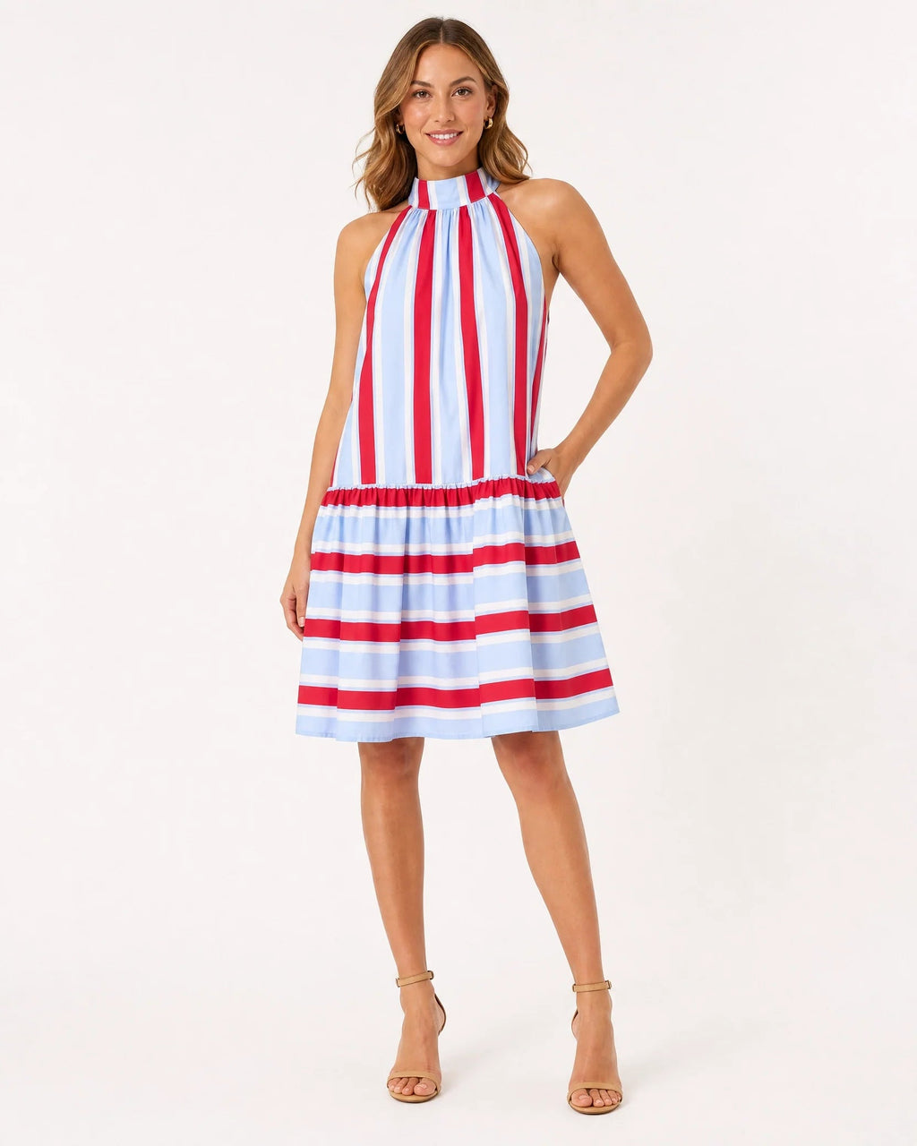 Women's Red & Light Blue Stripe Cotton Halter Tiered Maxi Dress – Made for Fireworks Patriotic Summer Dress oaklynwear
