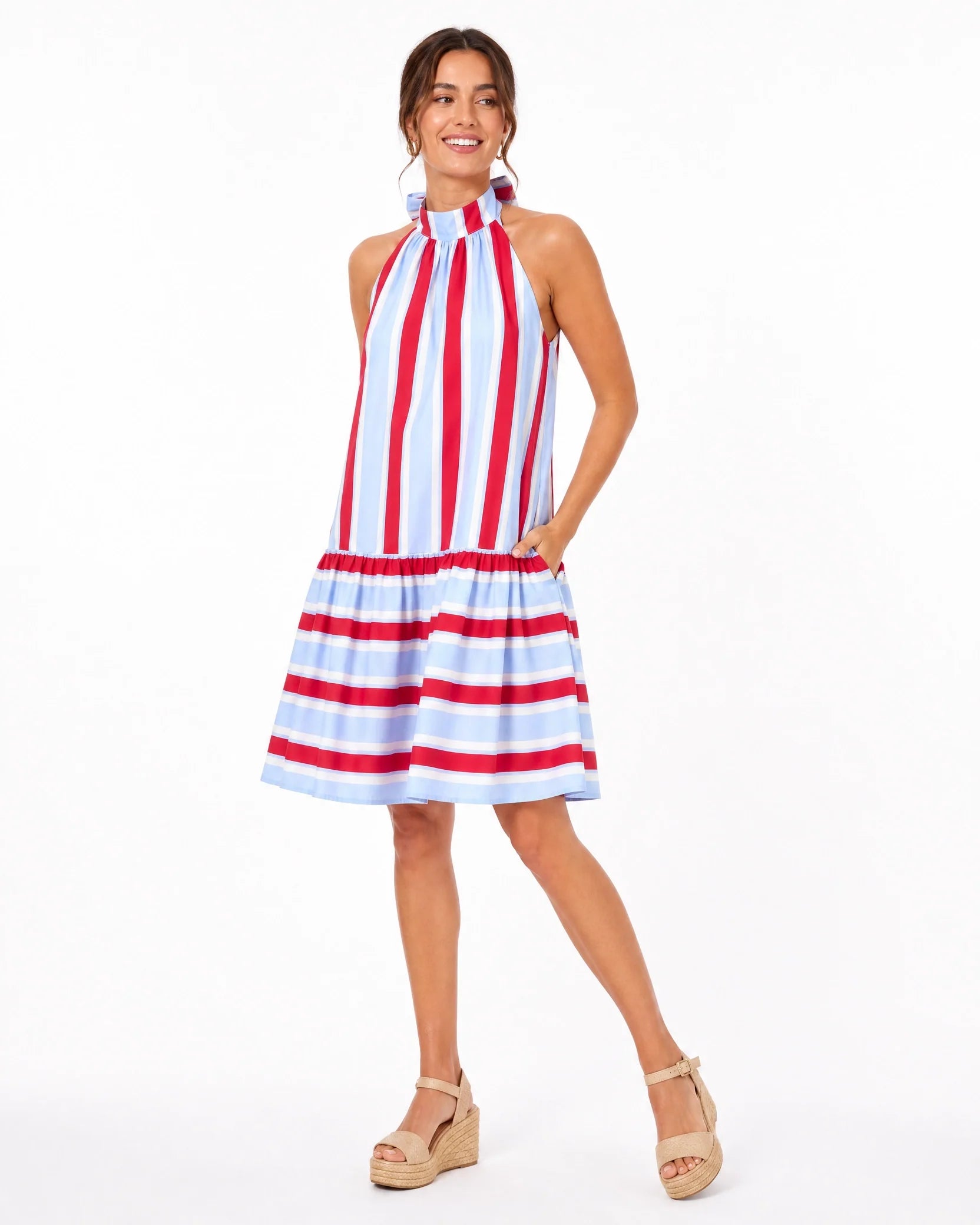 Women's Red & Light Blue Stripe Cotton Halter Tiered Maxi Dress – Made for Fireworks Patriotic Summer Dress oaklynwear