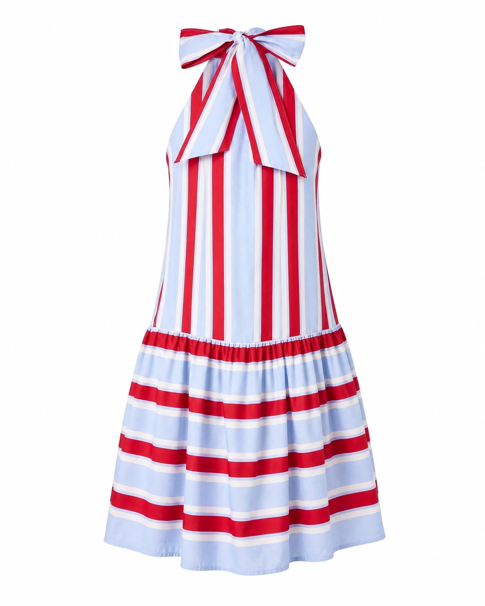Women's Red & Light Blue Stripe Cotton Halter Tiered Maxi Dress – Made for Fireworks Patriotic Summer Dress oaklynwear
