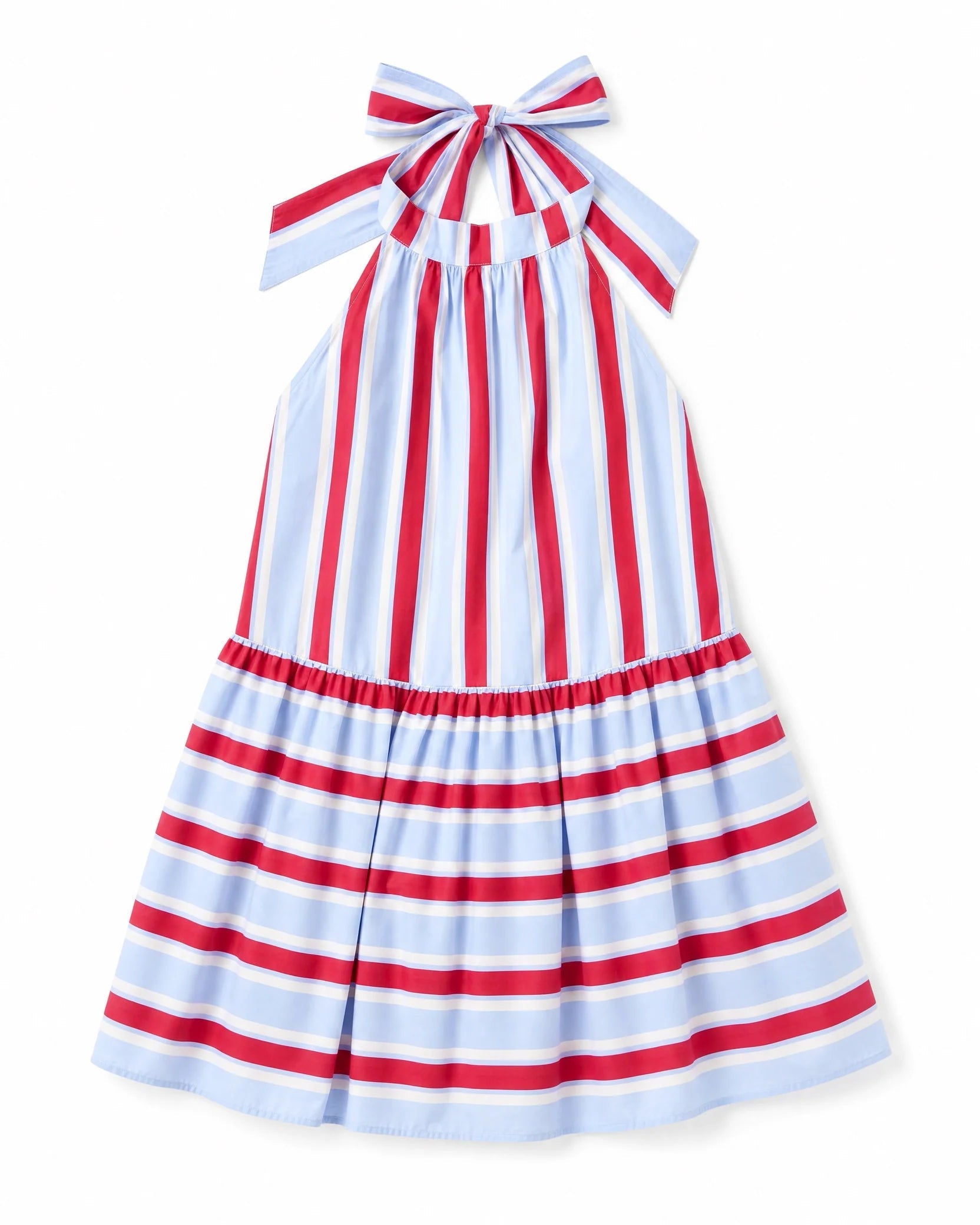 Women's Red & Light Blue Stripe Cotton Halter Tiered Maxi Dress – Made for Fireworks Patriotic Summer Dress oaklynwear