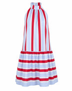 Women's Red & Light Blue Stripe Cotton Halter Tiered Maxi Dress – Made for Fireworks Patriotic Summer Dress oaklynwear