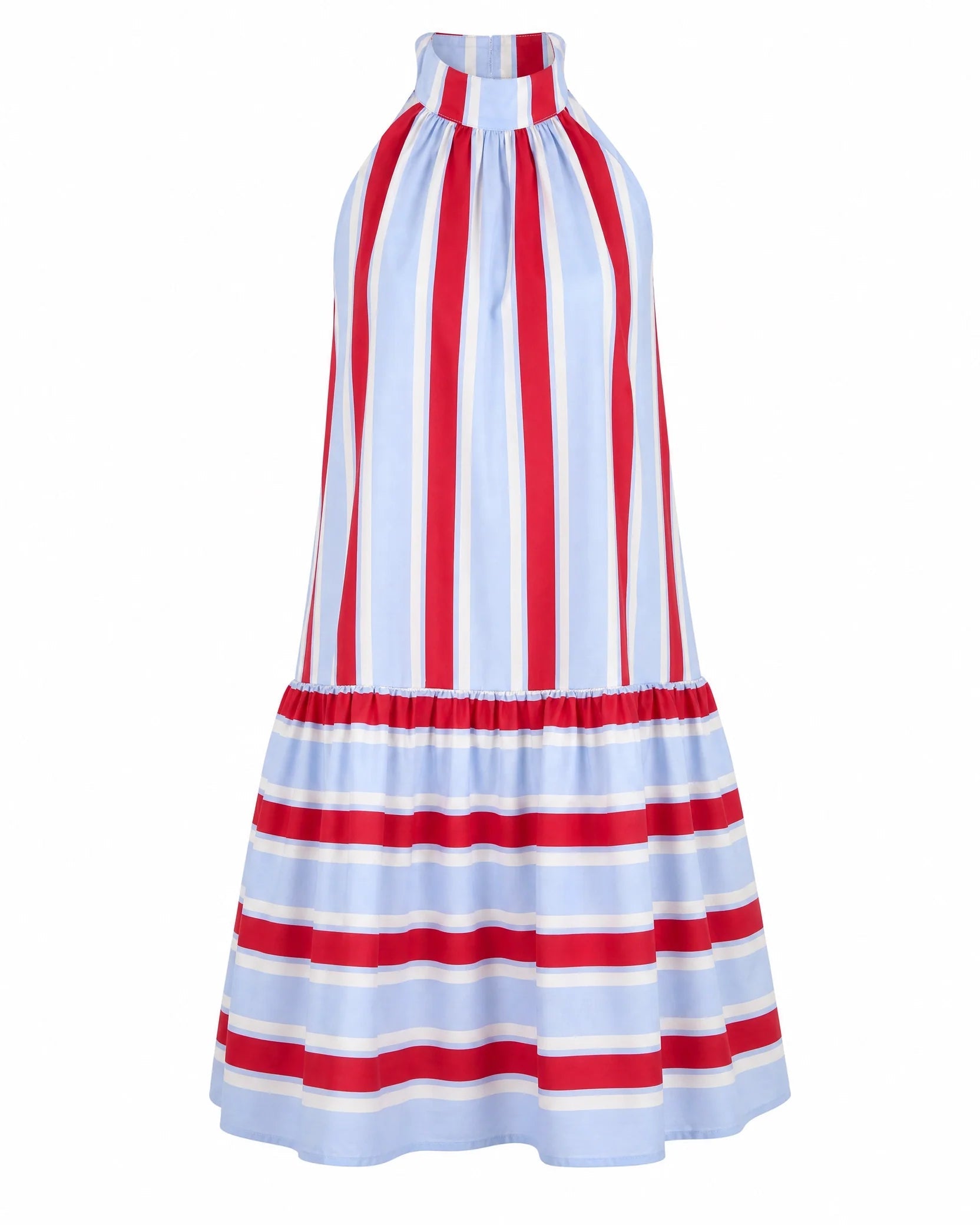Women's Red & Light Blue Stripe Cotton Halter Tiered Maxi Dress – Made for Fireworks Patriotic Summer Dress oaklynwear