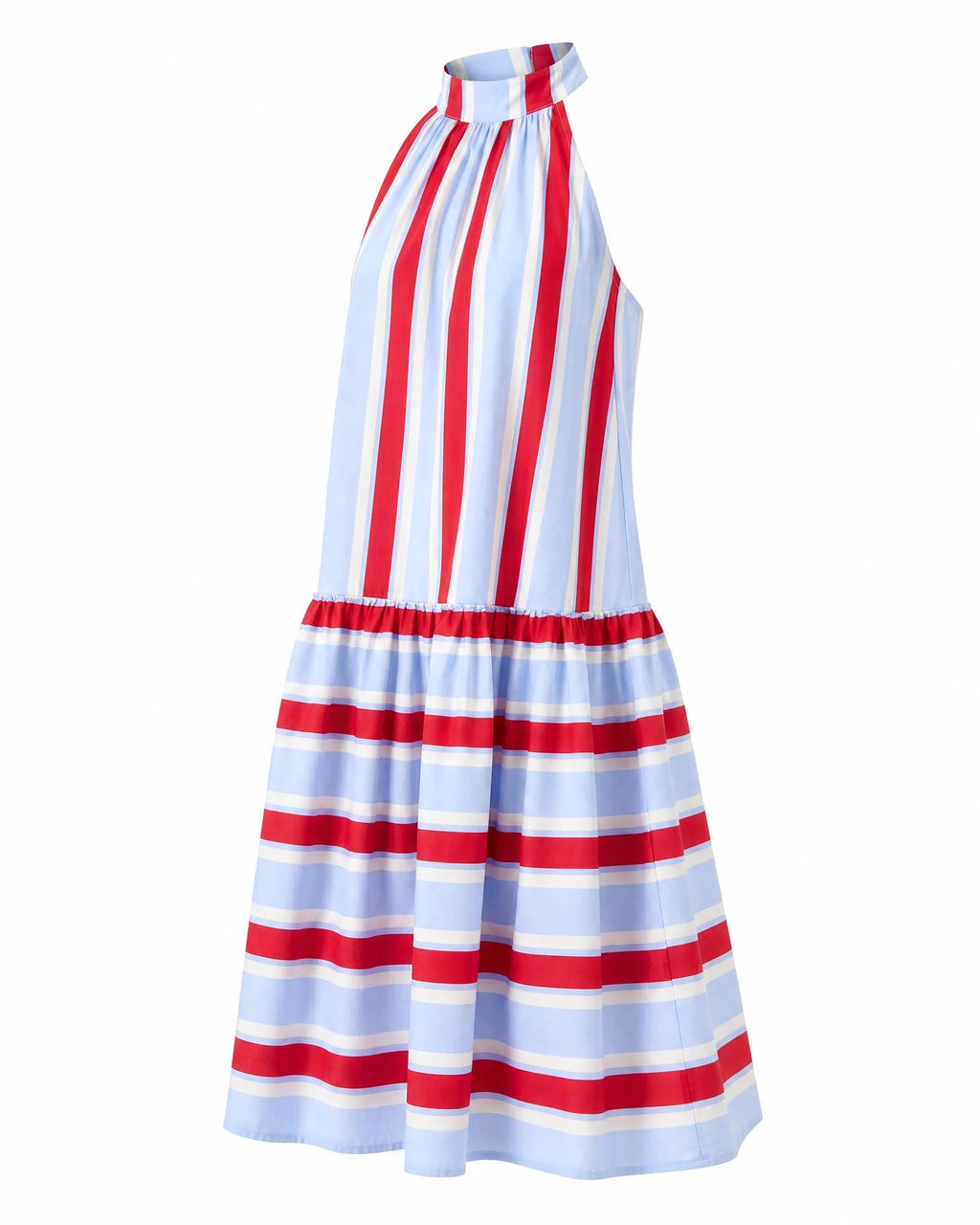 Women's Red & Light Blue Stripe Cotton Halter Tiered Maxi Dress – Made for Fireworks Patriotic Summer Dress oaklynwear