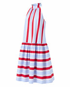 Women's Red & Light Blue Stripe Cotton Halter Tiered Maxi Dress – Made for Fireworks Patriotic Summer Dress oaklynwear
