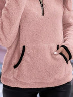 Women's fuzzy quarter zip pullover sweater with stand collar, kangaroo pocket and black contrast trim - view 11