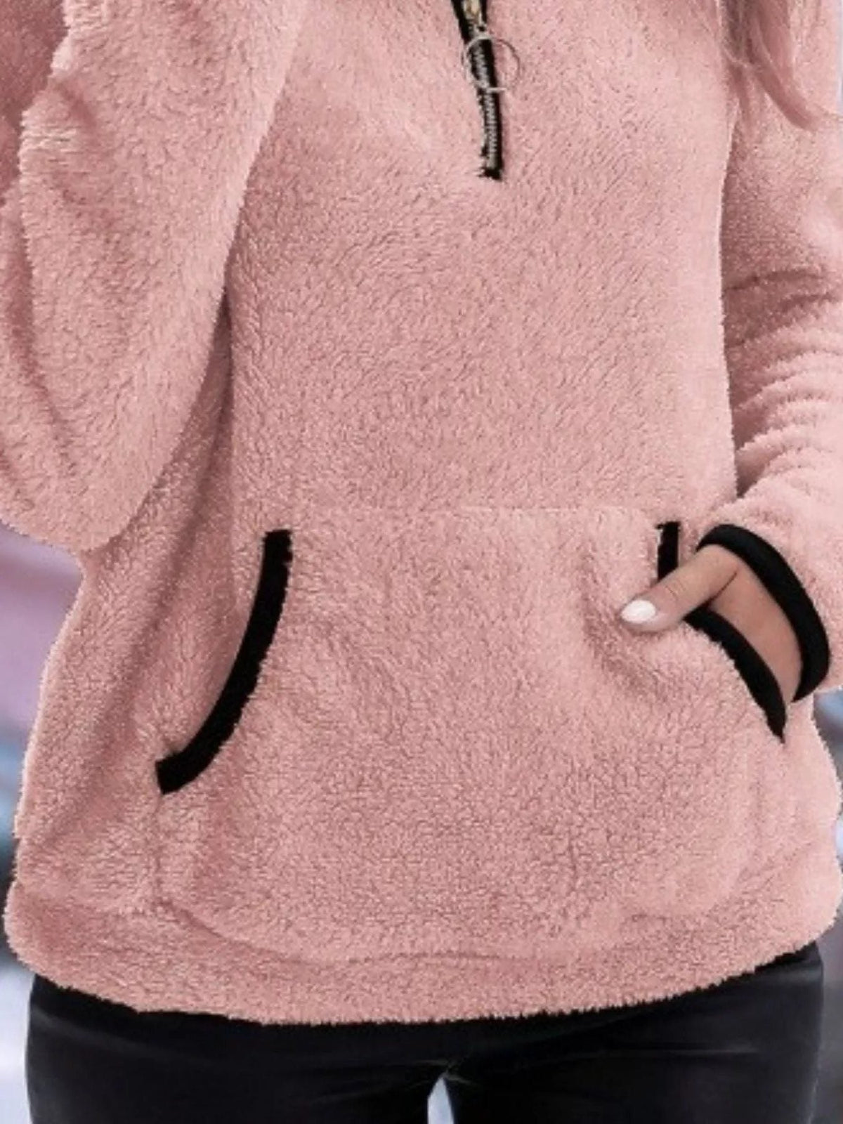 Women's fuzzy quarter zip pullover sweater with stand collar, kangaroo pocket and black contrast trim - view 11