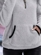 Women's fuzzy quarter zip pullover sweater with stand collar, kangaroo pocket and black contrast trim - view 14