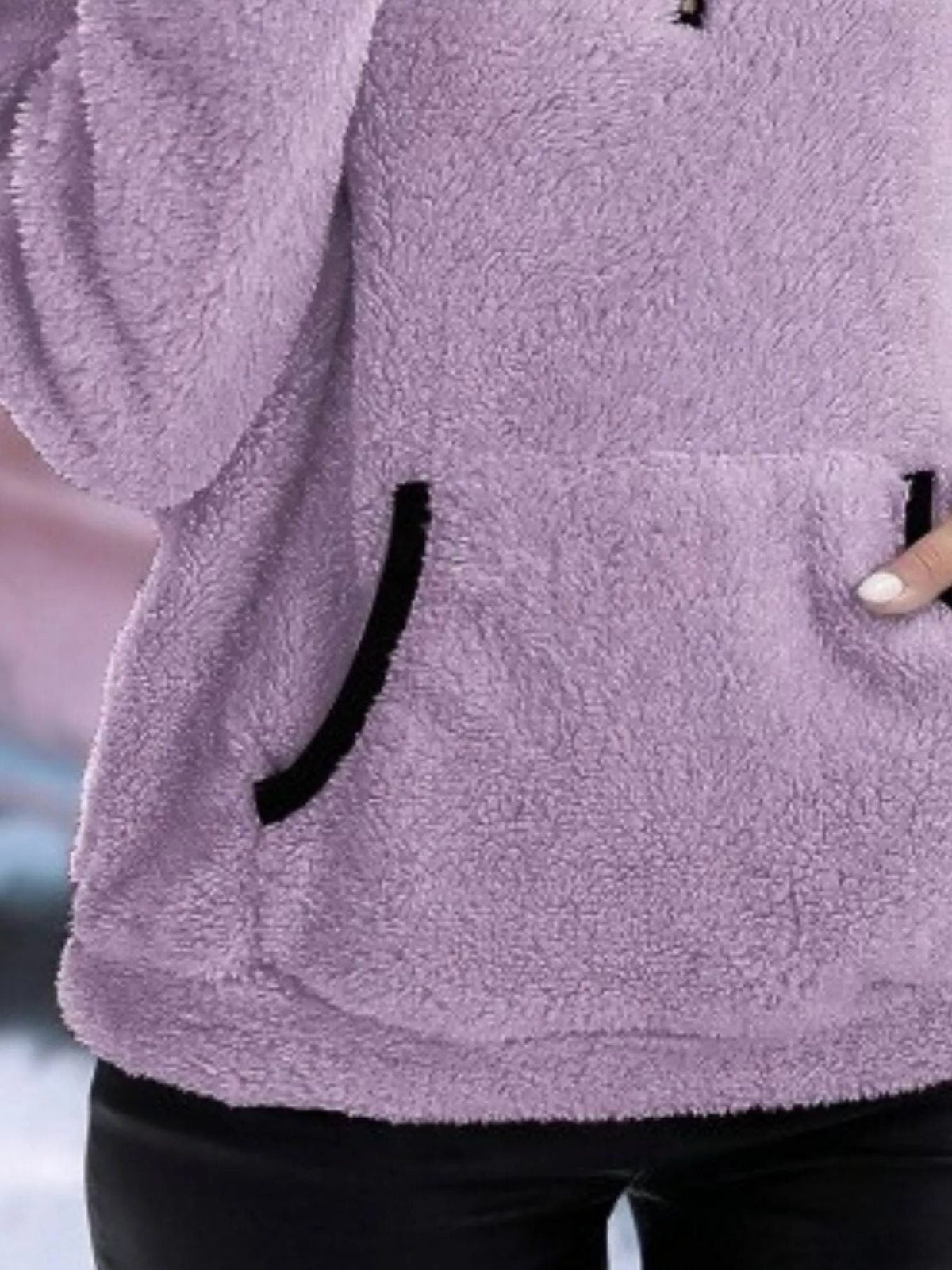 Women's fuzzy quarter zip pullover sweater with stand collar, kangaroo pocket and black contrast trim - view 17