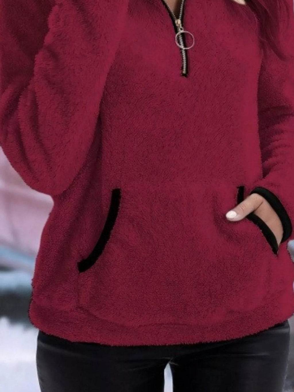 Women's fuzzy quarter zip pullover sweater with stand collar, kangaroo pocket and black contrast trim - view 20