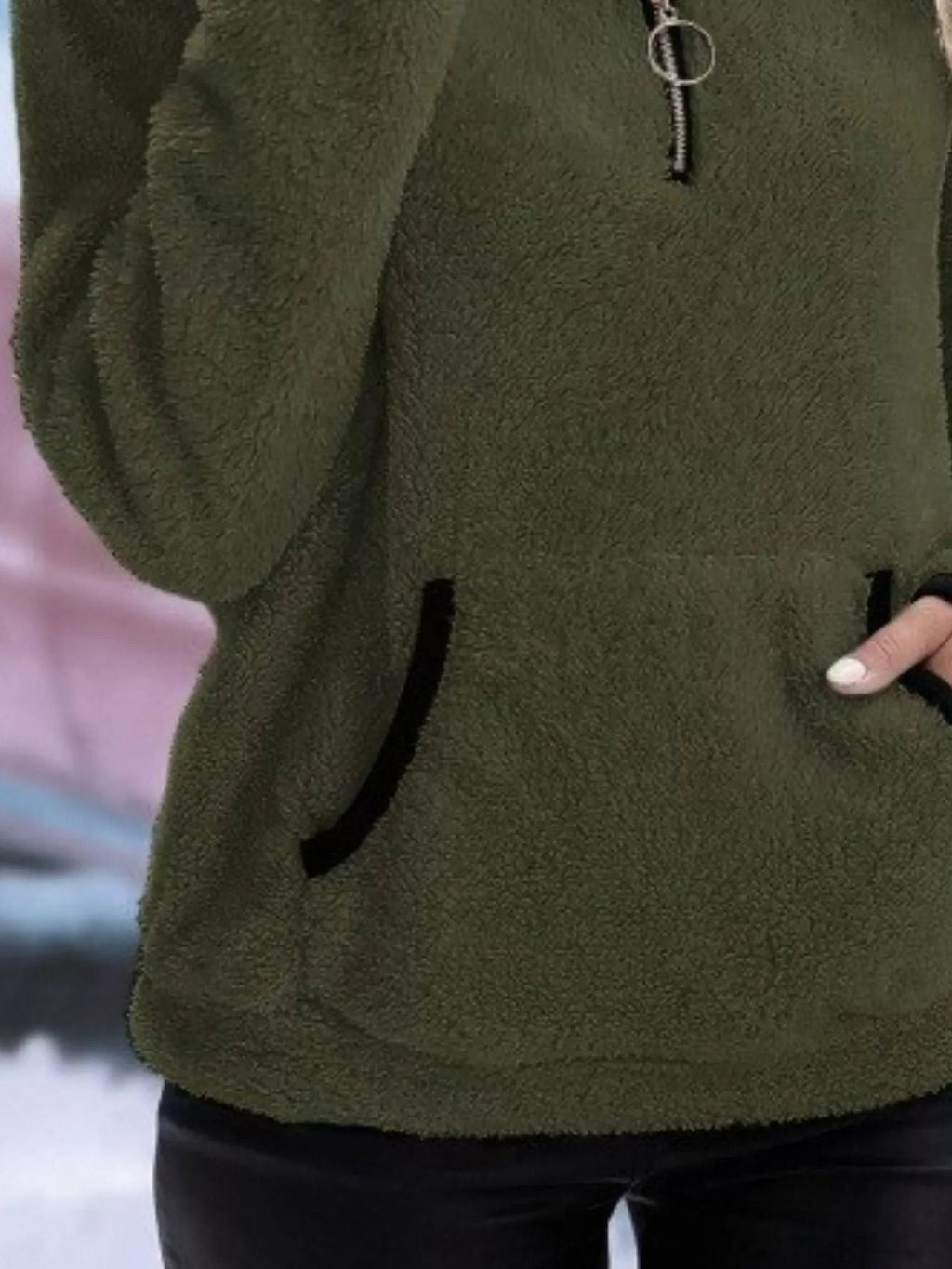 Women's fuzzy quarter zip pullover sweater with stand collar, kangaroo pocket and black contrast trim - view 23