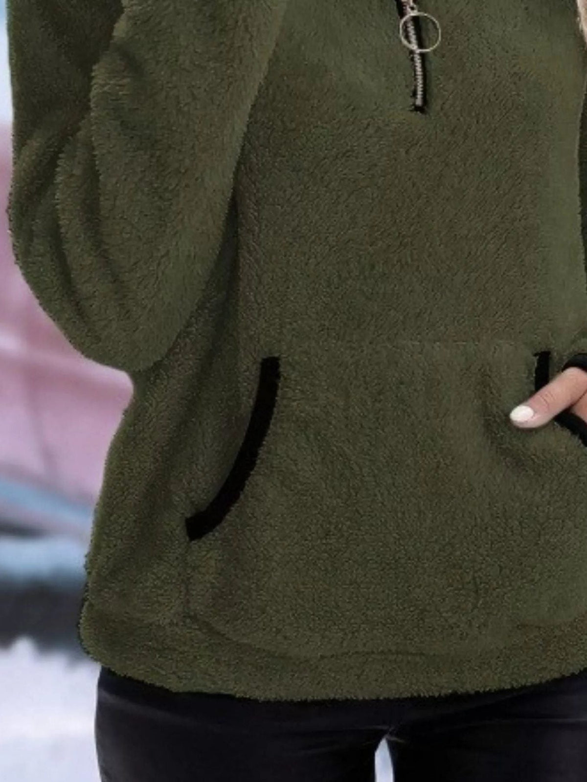 Women's fuzzy quarter zip pullover sweater with stand collar, kangaroo pocket and black contrast trim - view 23