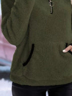 Women's fuzzy quarter zip pullover sweater with stand collar, kangaroo pocket and black contrast trim - view 24